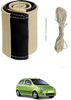 MATIES Hand Stiched Steering Cover For Chevrolet Spark(Beige/Black, Leatherite)