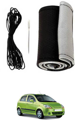 monolive Hand Stiched Steering Cover For Chevrolet Spark(Silver/Black, Leatherite)