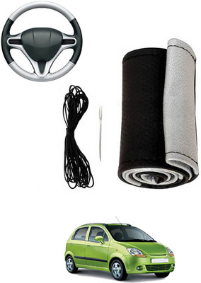 MATIES Hand Stiched Steering Cover For Chevrolet Spark(Silver, Black, Leatherite)