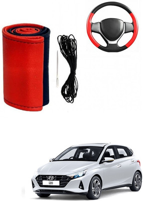 ARNEJA Hand Stiched Steering Cover For Hyundai i20(Red, Black, Leather)