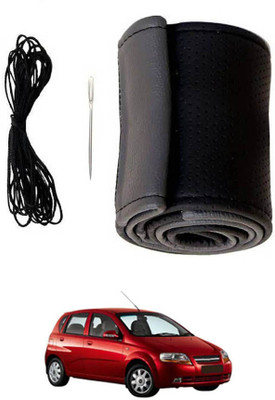 ABJD Hand Stiched Steering Cover For Hyundai Aveo UVA(Grey, Black, Leatherite)