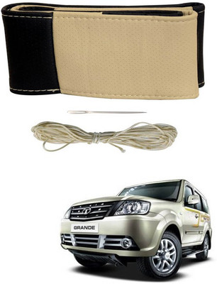 RKPSP Hand Stiched Steering Cover For Universal For Car Grand Punto(Beige/Black, Leatherite)