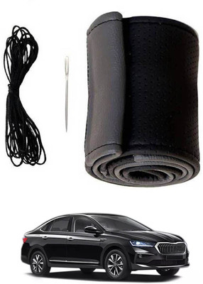 monolive Hand Stiched Steering Cover For Skoda Universal For Car(Grey/Black, Leatherite)