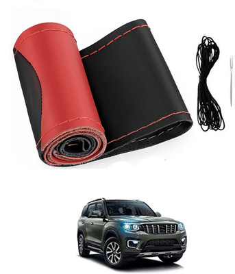 monolive Hand Stiched Steering Cover For Mahindra Universal For Car(Red/Black, Leatherite)