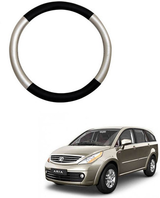 RKPSP Hand Stiched Steering Cover For Universal For Car Aria(Silver/Black, Leatherite)