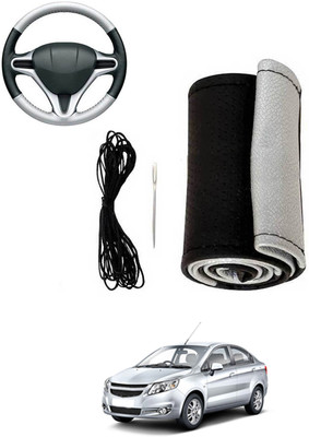 MATIES Hand Stiched Steering Cover For Chevrolet Sail(Silver, Black, Leatherite)