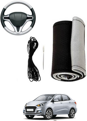 MATIES Hand Stiched Steering Cover For Hyundai Xcent(Silver, Black, Leatherite)