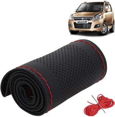 Kingsway Hand Stiched Steering Cover For Maruti WagonR(Black Color with Red Thread, Leatherite)