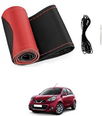 MATIES Hand Stiched Steering Cover For Nissan Micra(Red/Black, Leatherite)