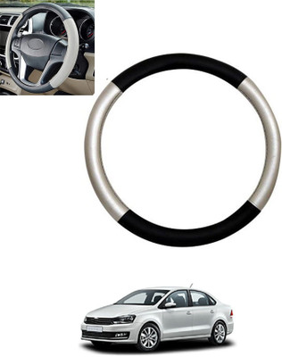 monolive Hand Stiched Steering Cover For Volkswagen Vento(Silver/Black, Leatherite)