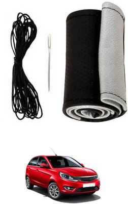MATIES Hand Stiched Steering Cover For Tata Bolt(Black-Silver, Leatherite)
