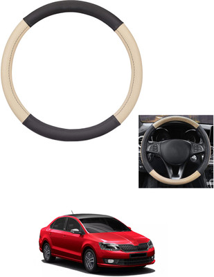 MATIES Steering Cover For Skoda Rapid(Beige/Black, Leather)