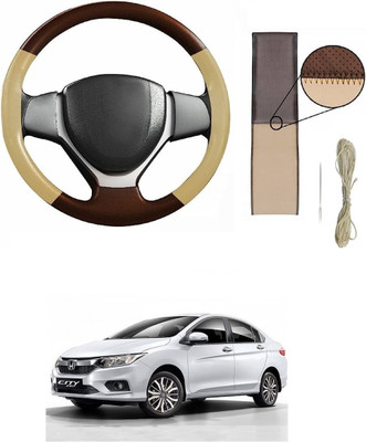 Autocom Hand Stiched Steering Cover For Honda City(Beige, Brown, Leather)