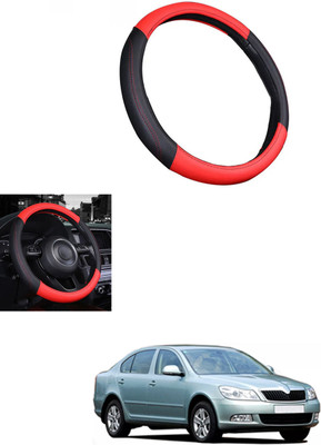 MATIES Steering Cover For Skoda Laura(Red/Black, Leather)