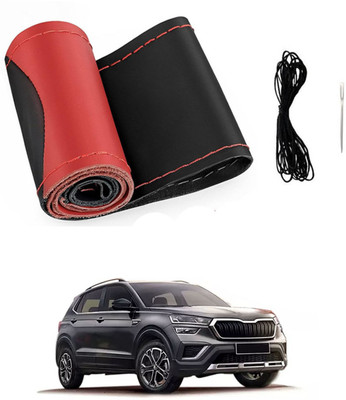 monolive Hand Stiched Steering Cover For Skoda Universal For Car(Red/Black, Leatherite)