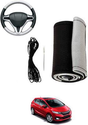 MATIES Hand Stiched Steering Cover For Honda Jazz(Silver, Black, Leatherite)