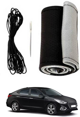 ABJD Hand Stiched Steering Cover For Hyundai Verna(Silver, Black, Leatherite)