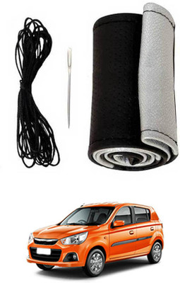 MSNP Hand Stiched Steering Cover For Maruti Alto K10(Silver Black, Leatherite)