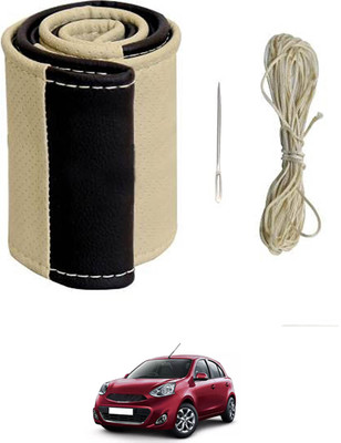 monolive Hand Stiched Steering Cover For Nissan Micra(Beige/Black, Leatherite)