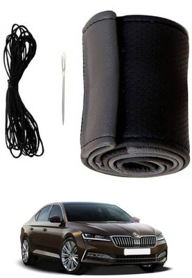 MATIES Hand Stiched Steering Cover For Skoda Superb(Black/Grey, Leatherite)