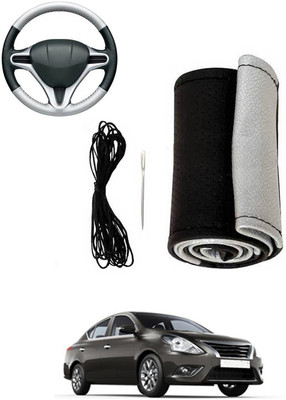 MATIES Hand Stiched Steering Cover For Nissan Sunny(Silver, Black, Leatherite)