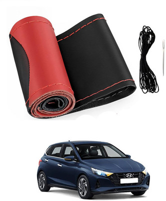 MATIES Hand Stiched Steering Cover For Hyundai i20(Red/Black, Leatherite)