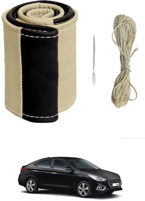 monolive Hand Stiched Steering Cover For Hyundai Verna(Beige/Black, Leatherite)