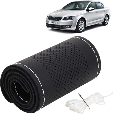 Kingsway Hand Stiched Steering Cover For Skoda Octavia(Black Color with Silver Thread, Leatherite)