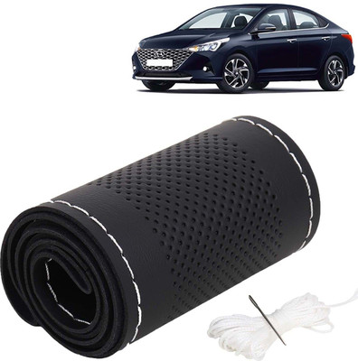 Kingsway Hand Stiched Steering Cover For Hyundai Verna(Black Color with Silver Thread, Leatherite)