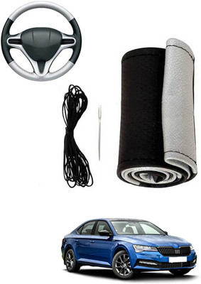 MATIES Hand Stiched Steering Cover For Skoda Superb(Silver, Black, Leatherite)