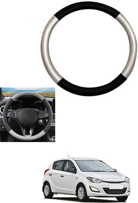 MATIES Steering Cover For Hyundai i20(Silver, Black, Leather)