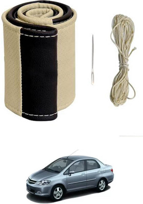 MATIES Hand Stiched Steering Cover For Honda Universal For Car(Beige/Black, Leatherite)