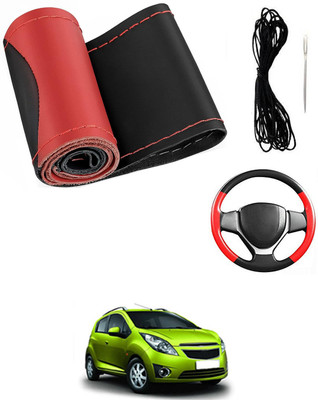 MATIES Hand Stiched Steering Cover For Chevrolet Beat(Red/Black, Leatherite)