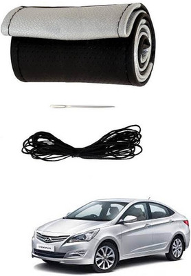 RKPSP Hand Stiched Steering Cover For Universal For Car Fluidic Verna(Silver/Black, Leatherite)