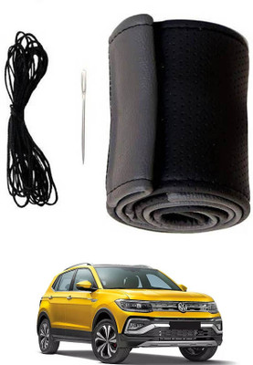 MATIES Hand Stiched Steering Cover For Volkswagen Universal For Car(Black/Grey, Leatherite)