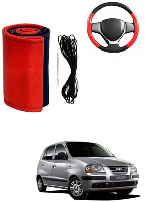 ARNEJA Hand Stiched Steering Cover For Hyundai Santro(Red, Black, Leather)