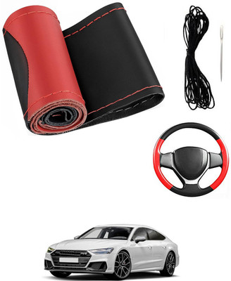 MATIES Hand Stiched Steering Cover For Audi S7(Red/Black, Leatherite)