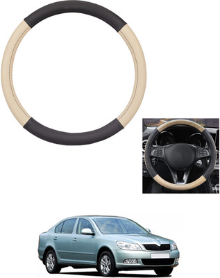 MATIES Steering Cover For Skoda Laura(Beige/Black, Leather)