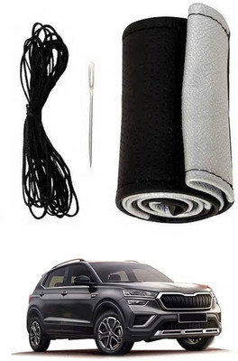 MSNP Hand Stiched Steering Cover For Skoda Universal For Car(Silver Black, Leatherite)
