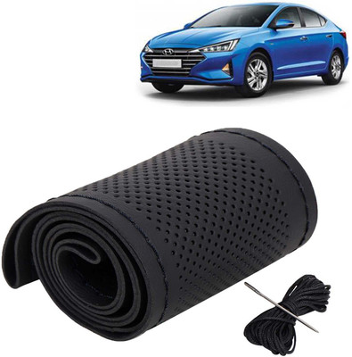 Kingsway Hand Stiched Steering Cover For Hyundai Elantra(Black Color with Black Thread, Leatherite)
