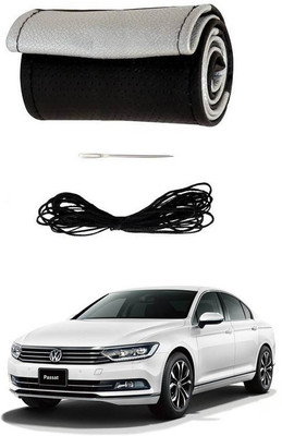 RKPSP Hand Stiched Steering Cover For Universal For Car Passat(Silver/Black, Leatherite)