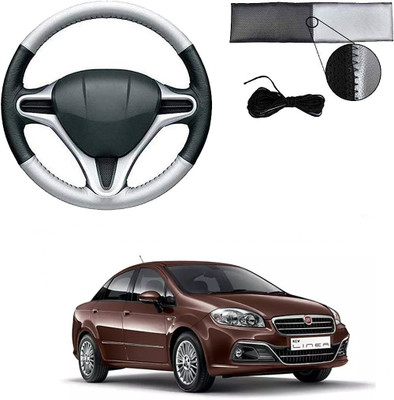 ARNEJA Hand Stiched Steering Cover For Fiat Linea(Silver, Black, Leather)
