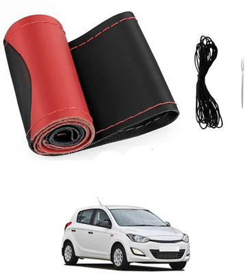 MATIES Hand Stiched Steering Cover For Hyundai i20(Red/Black, Leatherite)