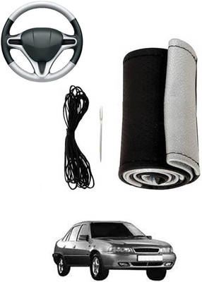 MATIES Hand Stiched Steering Cover For Daewoo Cielo(Silver, Black, Leatherite)
