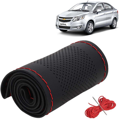 Kingsway Hand Stiched Steering Cover For Chevrolet Sail(Black Color with Red Thread, Leatherite)