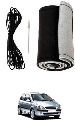 monolive Hand Stiched Steering Cover For Hyundai Getz(Silver/Black, Leatherite)