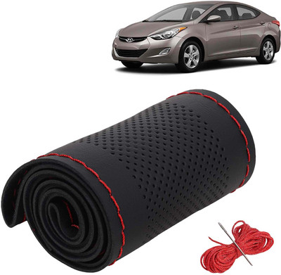 Kingsway Hand Stiched Steering Cover For Hyundai Elantra(Black Color with Red Thread, Leatherite)