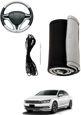 MATIES Hand Stiched Steering Cover For Volkswagen Passat(Silver, Black, Leatherite)