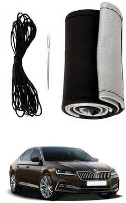 MATIES Hand Stiched Steering Cover For Skoda Superb(Black-Silver, Leatherite)