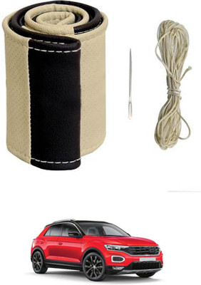 MATIES Hand Stiched Steering Cover For Volkswagen Universal For Car(Beige/Black, Leatherite)
